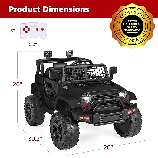 12V Kids Ride On Jeep Car w/Parent Remote Control - Black